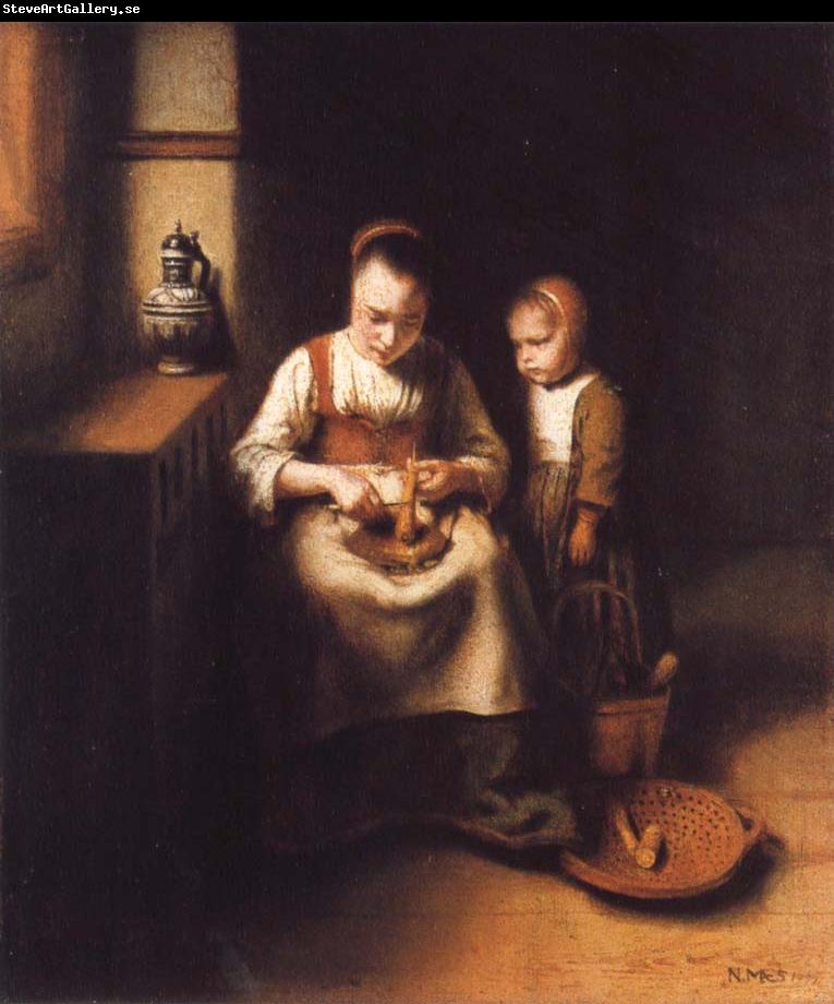 Nicolas Maes A Woman Scraping Parsnips,with a Child Standing by Her